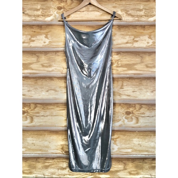 Rare London UO metallic silver draped neck dress - Picture 3 of 8